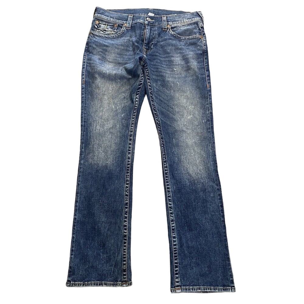 TRUE RELIGION Men's Distressed Section Straight Seat Blue Jeans 36x34